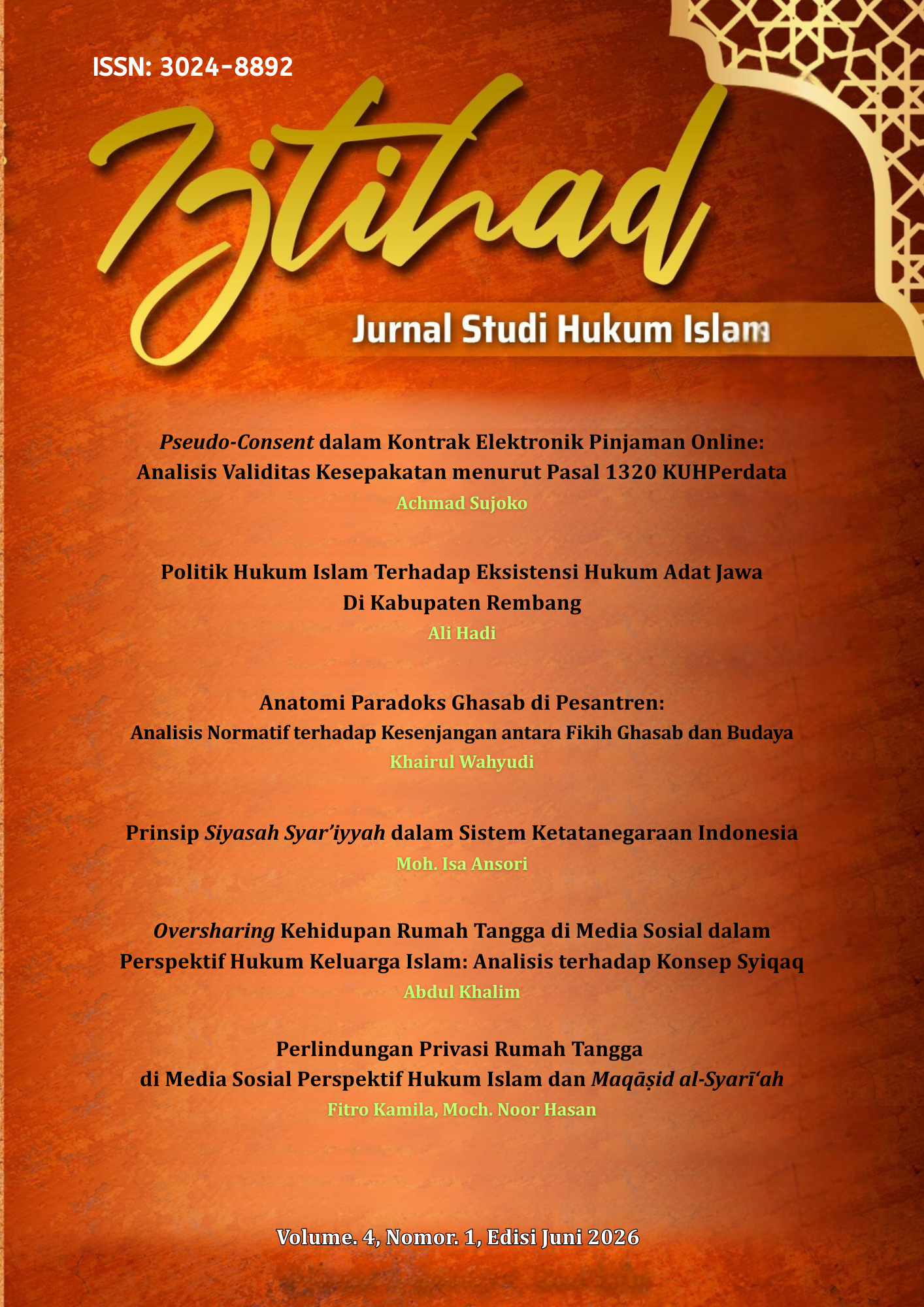 					View Vol. 4 No. 1 (2026): Jurnal Studi Hukum Islam
				