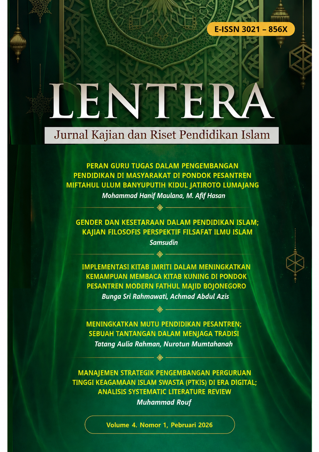 					View Vol. 4 No. 1 (2026): LENTERA:  JURNAL KAJIAN DAN RISET PENDIDIKAN ISLAM
				