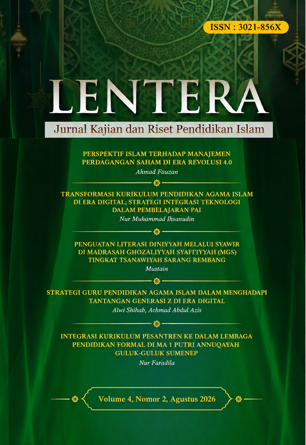 					View Vol. 4 No. 2 (2026): LENTERA:  JURNAL KAJIAN DAN RISET PENDIDIKAN ISLAM
				